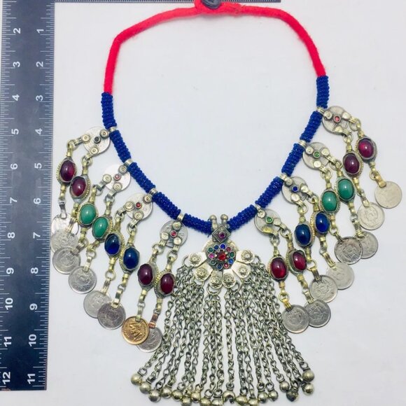 Dangling Coins and Stone Necklace, Beaded Necklace With Vintage Coins - Picture 7 of 7